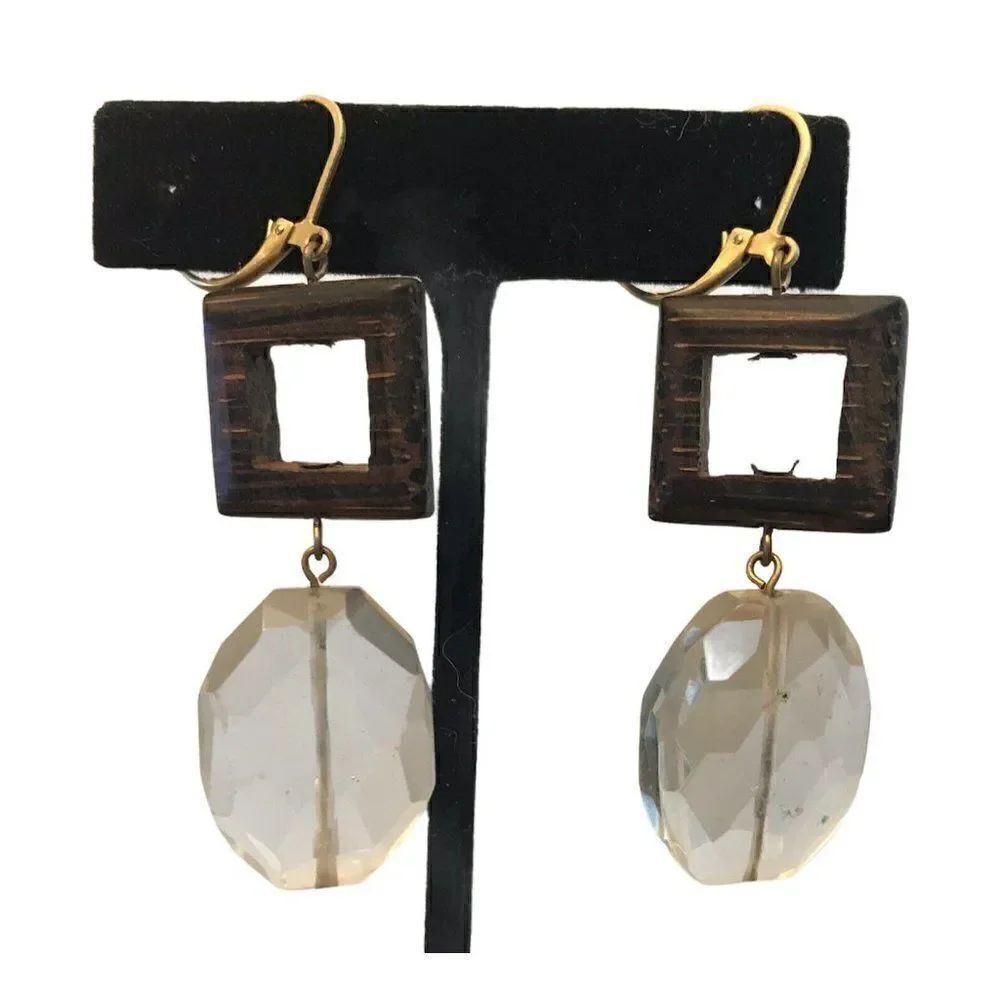 Long Dangle Pierced Earrings Wood Square Faceted Clear Plastic Oval Vintage Mod